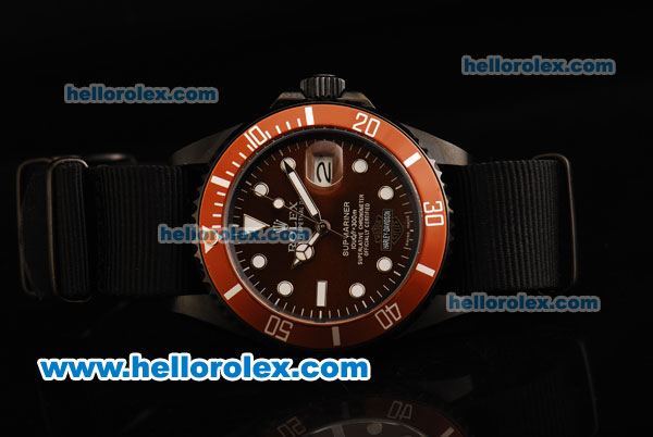 Rolex Submariner Automatic Movement PVD Case with Brown Dial Orange Bezel and Black Nylon Strap - Click Image to Close